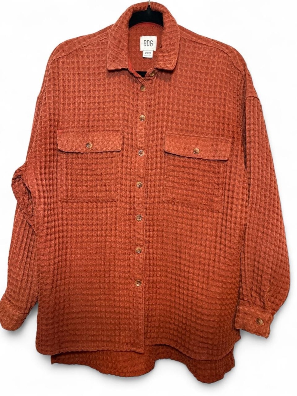 BDG Women’s Rust Waffle-Knit Button-Up Shirt - Picture 2 of 8